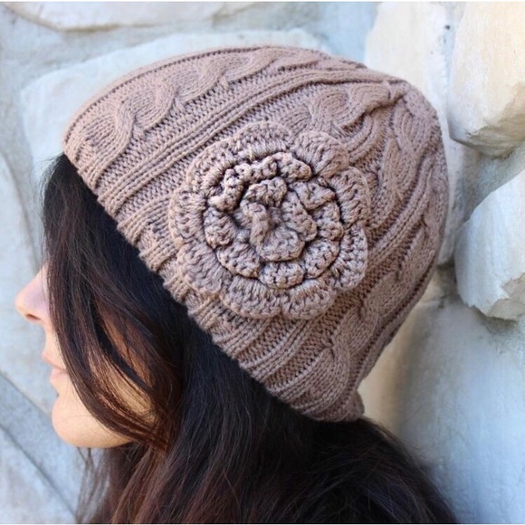 LLK Accessories - Creamy mocha knit beanie with flower accent women’s winter hat C.C beanie